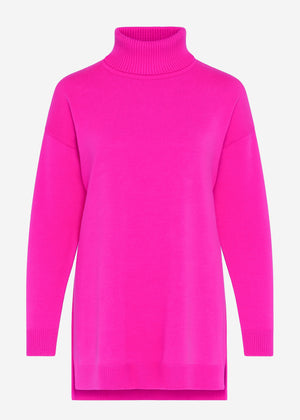 Oversize Rollkragenpullover mit langen Seitenschlitzen - pink