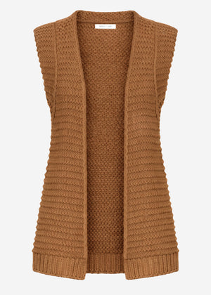 Lange ärmellose Strickweste mit strukturierten Schultern - camel
