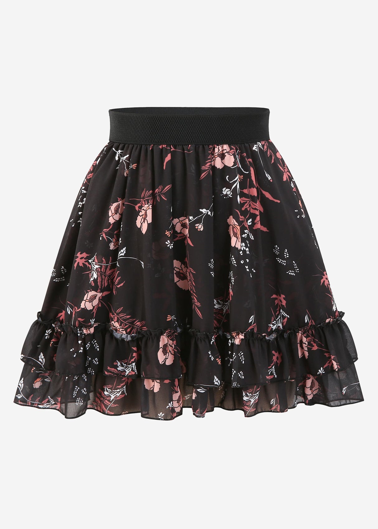 Volants-Rock mit Rüschen und Blumen-Print, schwarz