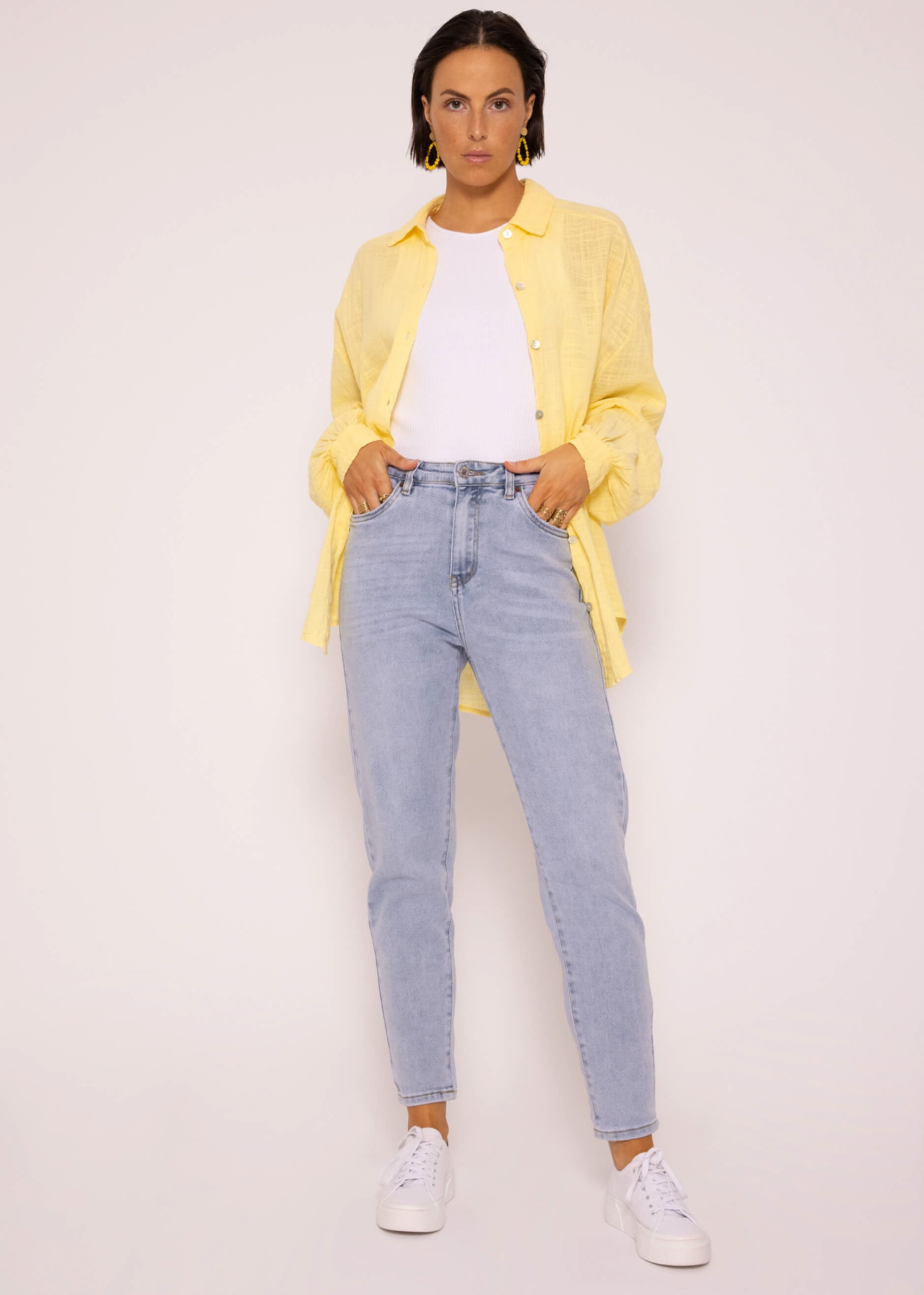 Oversize Bluse, kurz, mit Leinenstruktur, hellgelb