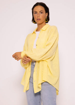 Oversize Bluse, kurz, mit Leinenstruktur, hellgelb