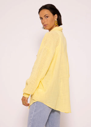 Oversize Bluse, kurz, mit Leinenstruktur, hellgelb