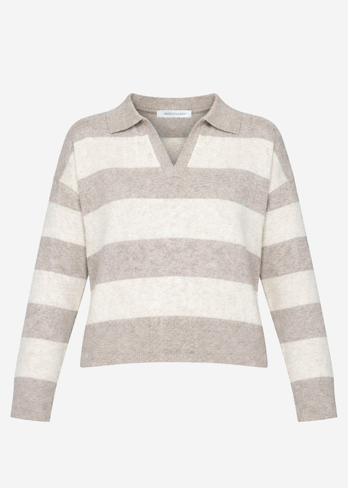 Gestreifter Pullover mit Polokragen - beige-taupe