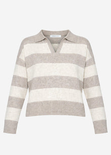 Striped jumper with polo collar - beige-taupe