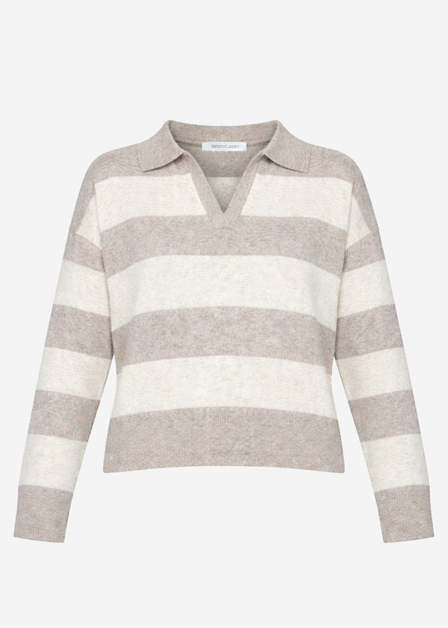 Striped jumper with polo collar - beige-taupe