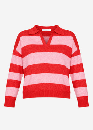 Gestreifter Pullover mit Polokragen - pink-rot