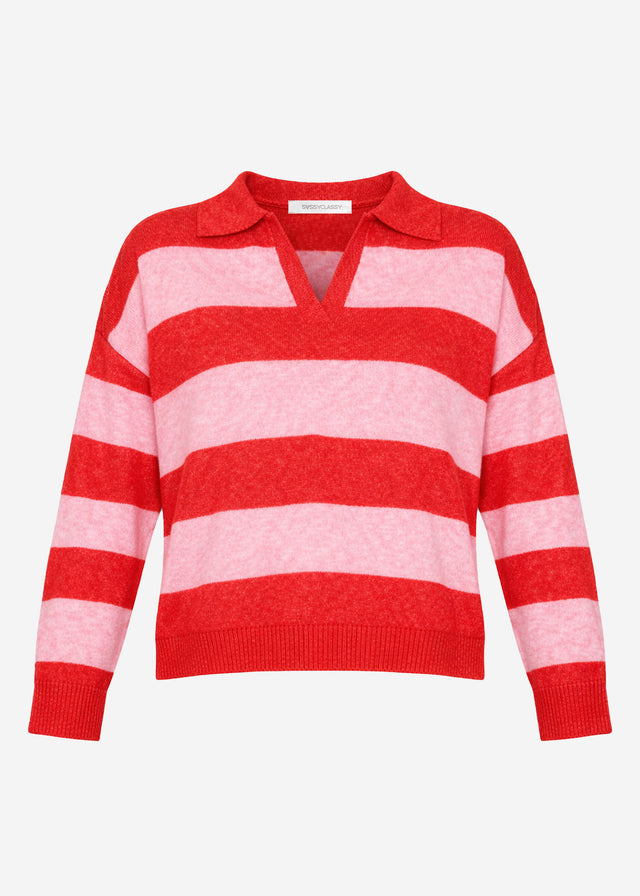 Striped jumper with polo collar - pink-red