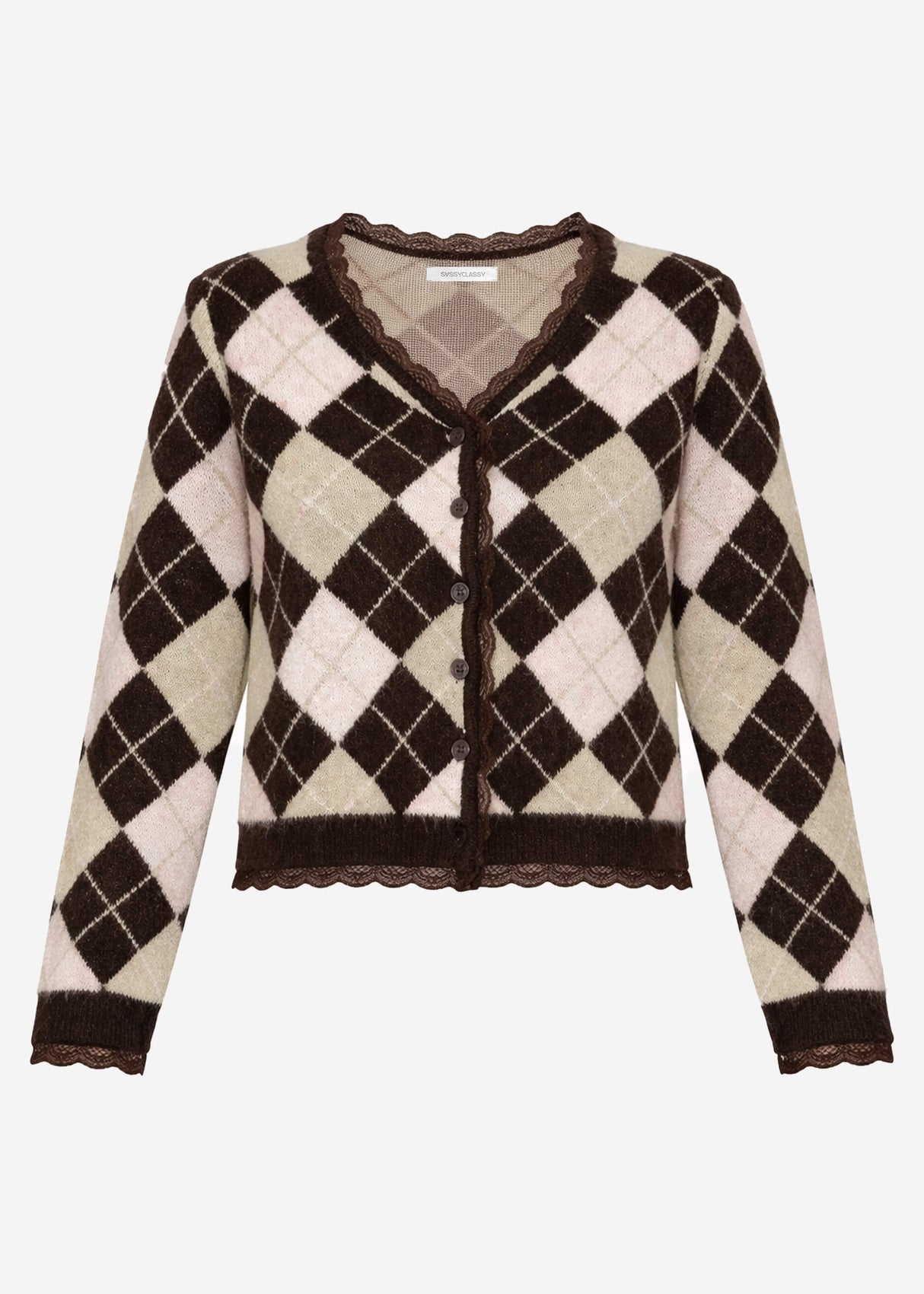 Strickjacke mit Rautenmuster und Spitzenborte - braun