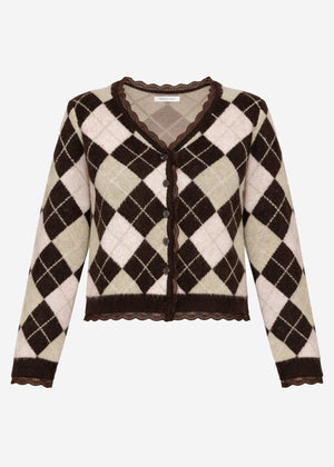 Strickjacke mit Rautenmuster und Spitzenborte - braun