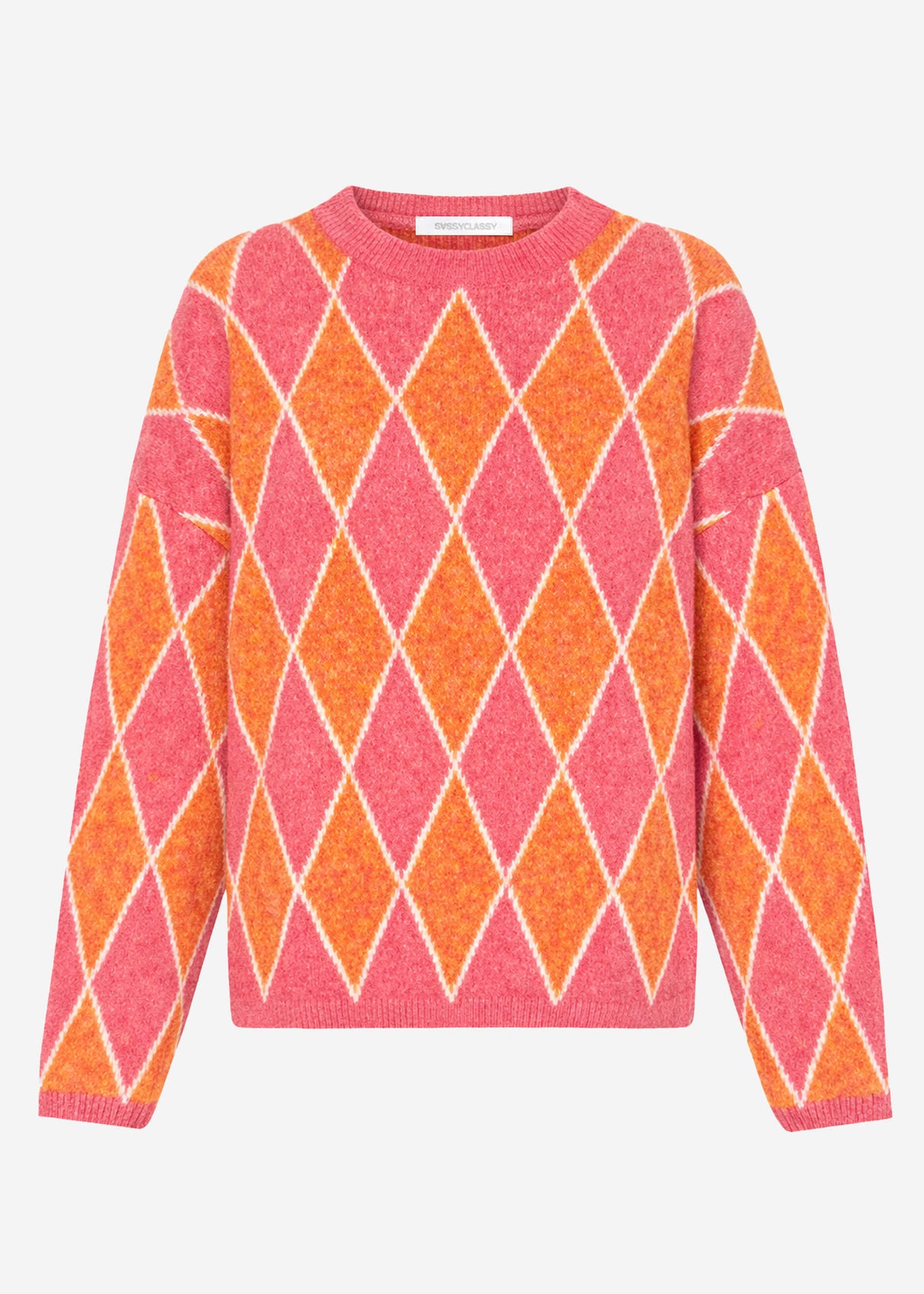 Oversized knit sweater with diamond pattern - pink-orange