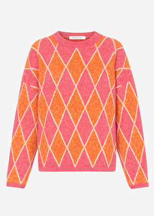 Oversized knit sweater with diamond pattern - pink-orange
