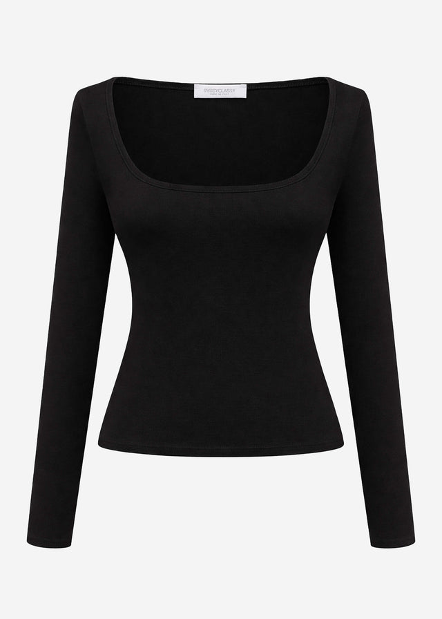 Long-sleeved top with neckline - black