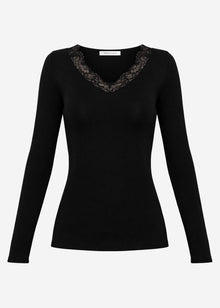 Langarmshirt mit Spitzenausschnitt - schwarz