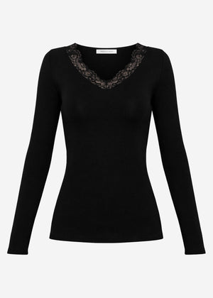 Langarmshirt mit Spitzenausschnitt - schwarz