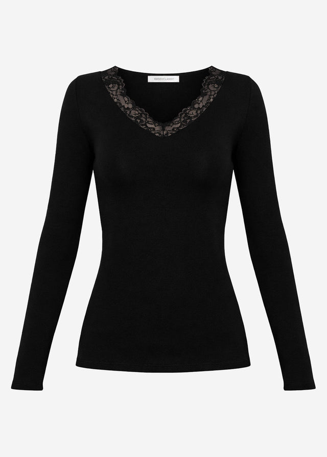 Langarmshirt mit Spitzenausschnitt - schwarz