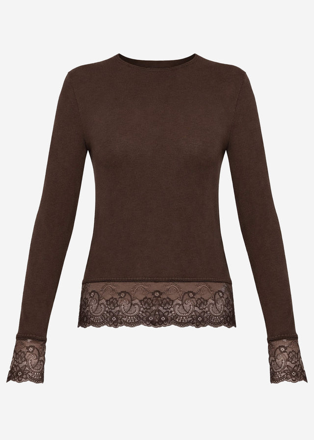 Long-sleeved top with lace trim and cashmere blend - brown