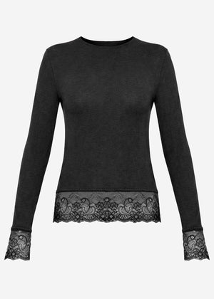 Long-sleeved shirt with lace trim and cashmere content - black