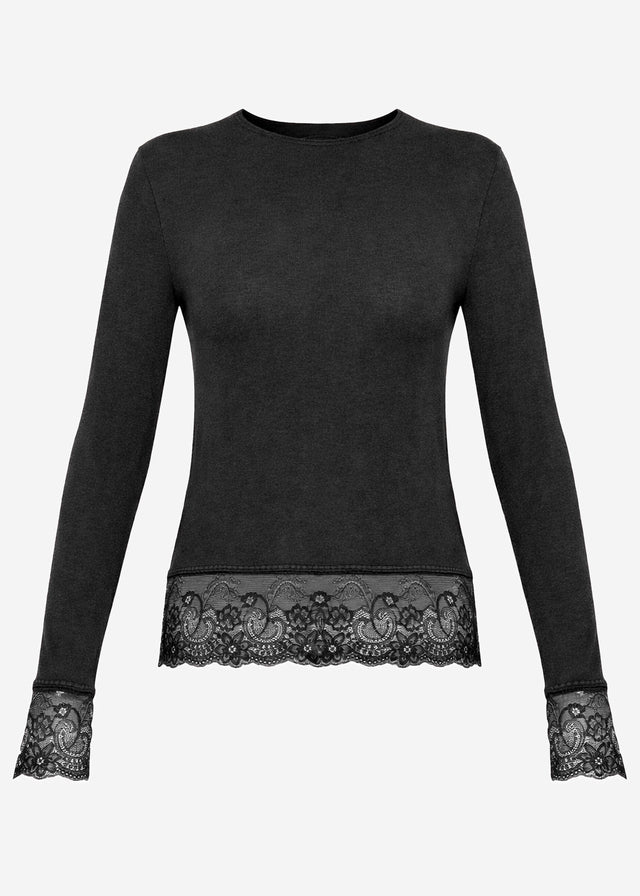 Sheer long-sleeved top with lace trim and cashmere blend - black