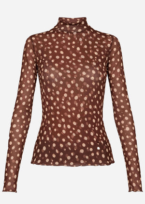 Mesh long-sleeved shirt with polka dots - brown