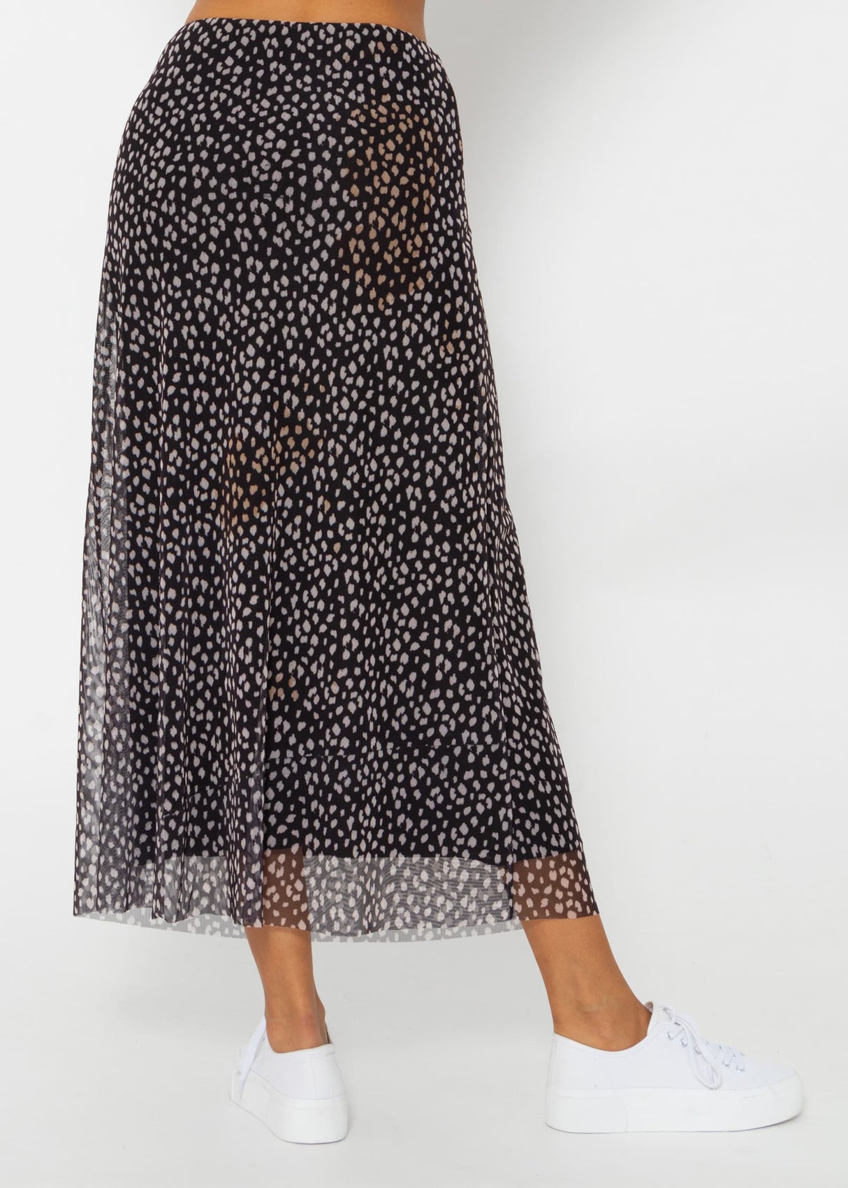 Flared mesh skirt with print - black