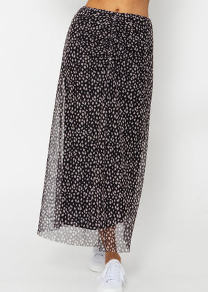 Flared mesh skirt with print - black