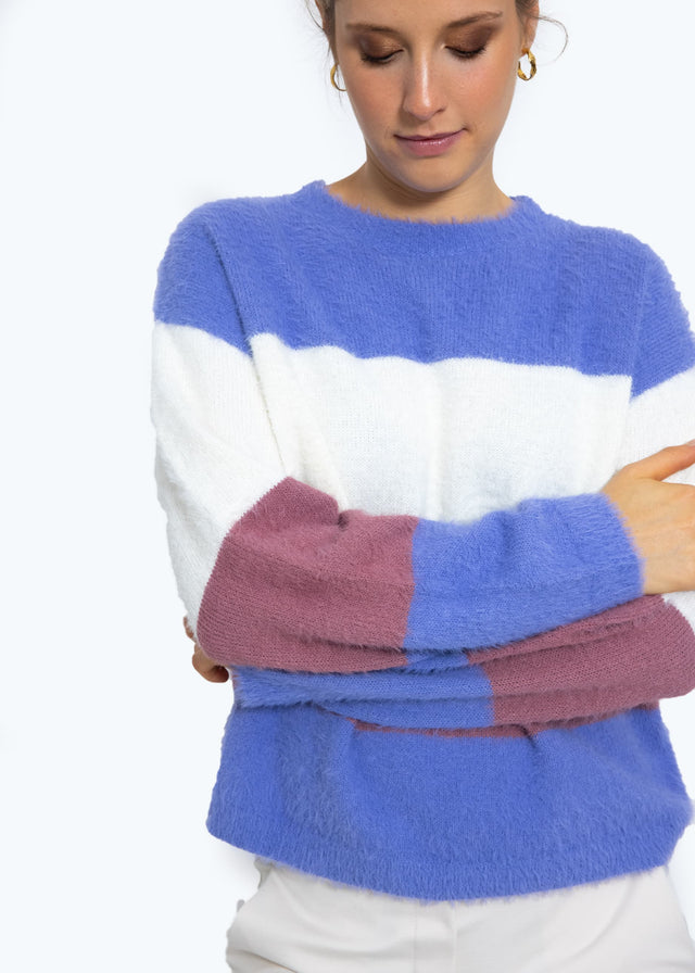 Flauschiger Pullover mit Blockstreifen - lila-offwhite-mauve