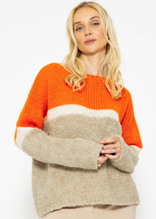 Flauschiger Pullover mit Streifendesign - orange-offwhite-beige