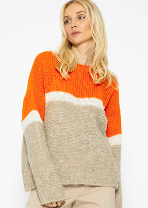 Flauschiger Pullover mit Streifendesign - orange-offwhite-beige