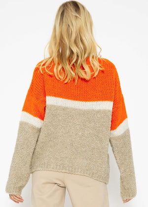 Flauschiger Pullover mit Streifendesign - orange-offwhite-beige