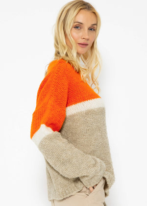 Flauschiger Pullover mit Streifendesign - orange-offwhite-beige