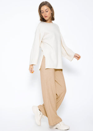 Gerippte Hose mit weitem Bein - hellbeige