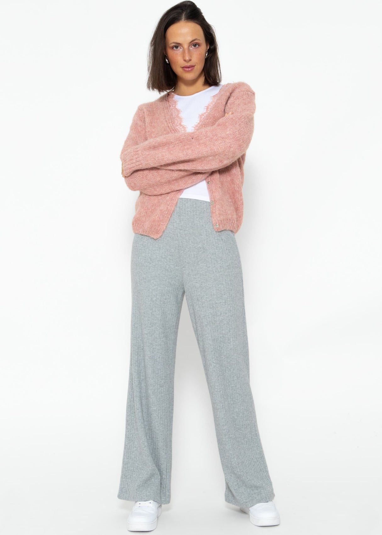 Gerippte Hose mit weitem Bein - grau