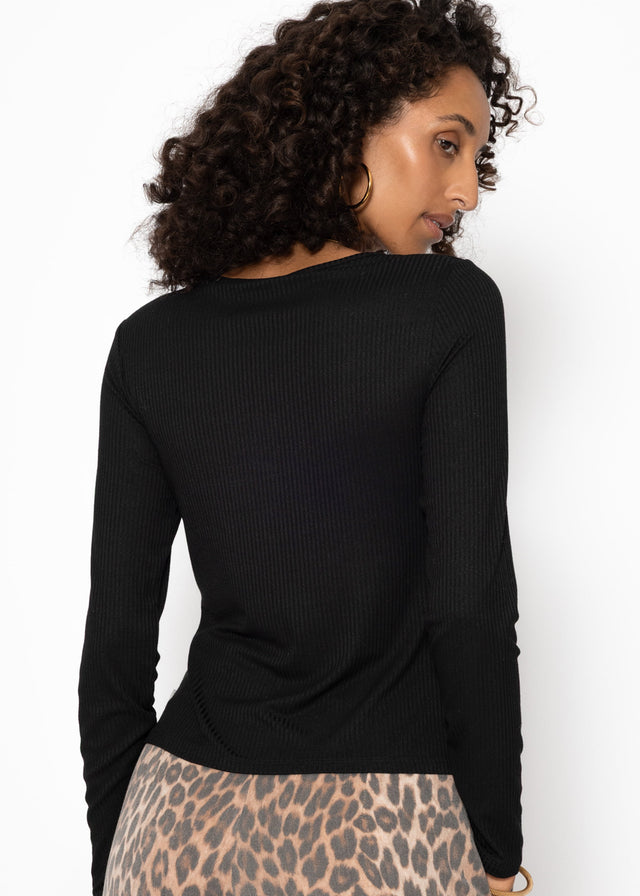 Geripptes Langarmshirt - schwarz