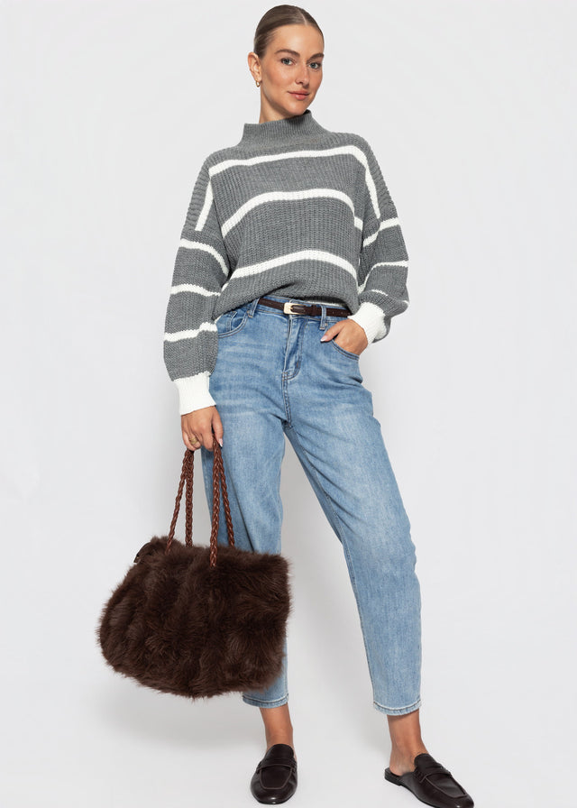 Striped roll-neck jumper - grey-off-white