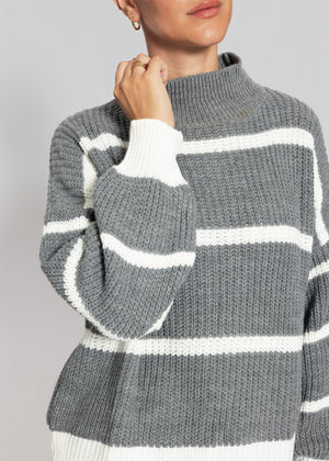 Gestreifter Turtleneck-Pullover - grau-offwhite