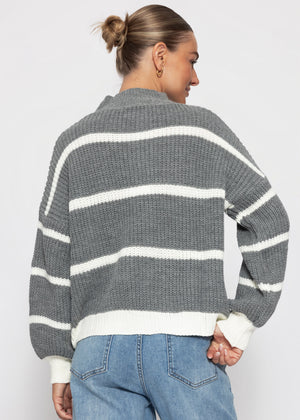 Gestreifter Turtleneck-Pullover - grau-offwhite