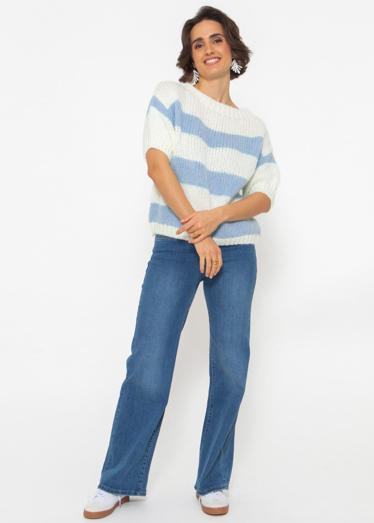Short-sleeved striped sweater - blue-off-white