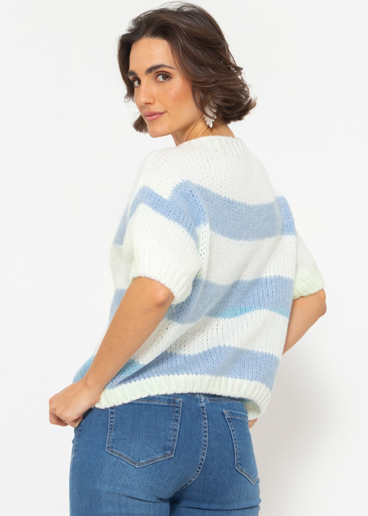 Short-sleeved striped sweater - blue-off-white