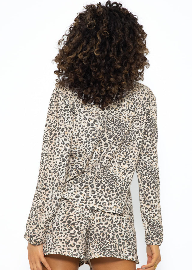 Langarm Pyjamashirt mit Leoprint - beige
