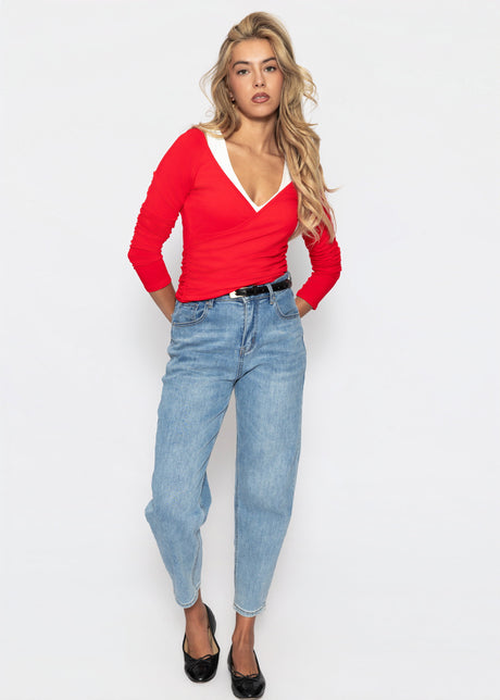Long-sleeved top with wrap effect - red