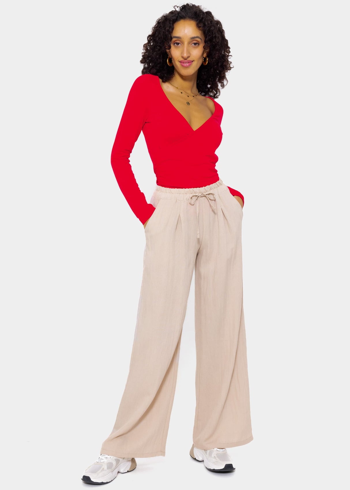 Long-sleeved shirt with wrap look - red