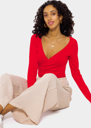 Long-sleeved shirt with wrap look - red