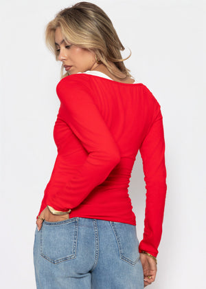Long-sleeved top with wrap effect - red