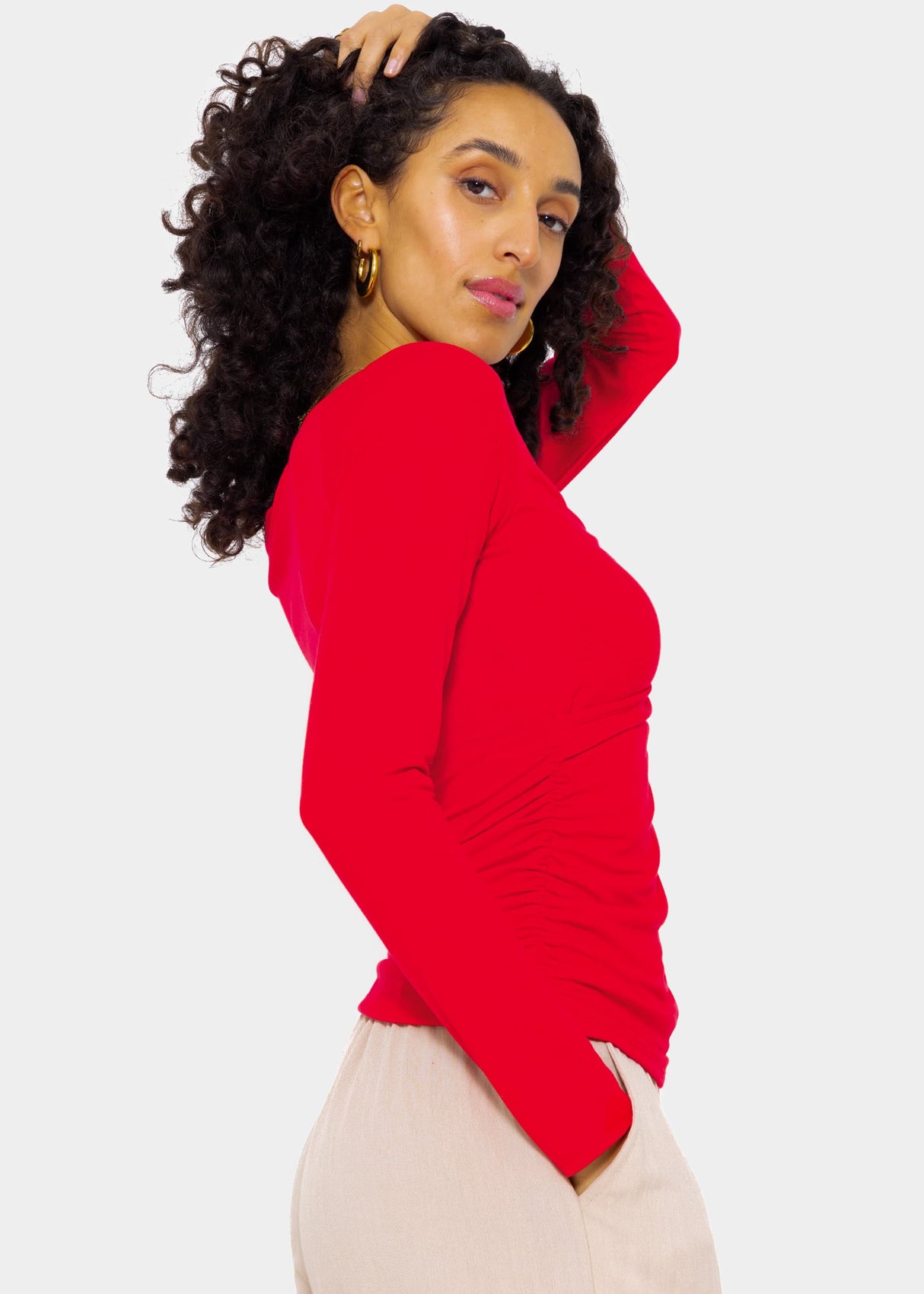 Long-sleeved shirt with wrap look - red