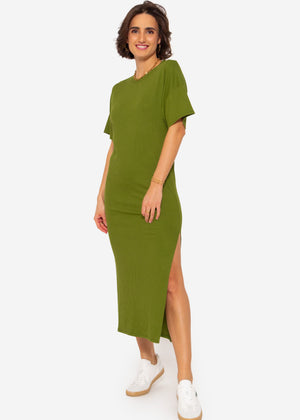 Maxi rip jersey dress with slit - khaki