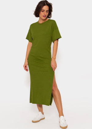 Maxi rip jersey dress with slit - khaki