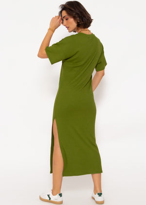 Maxi rip jersey dress with slit - khaki