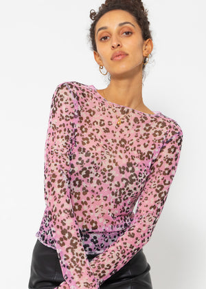 Mesh long-sleeved shirt with leopard print - pink