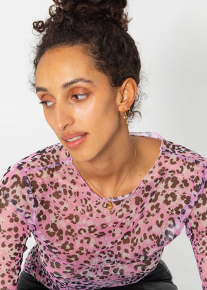 Mesh long-sleeved shirt with leopard print - pink