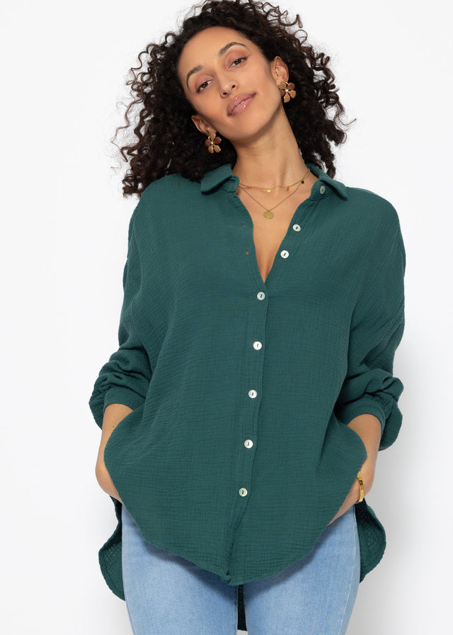 Musselin Bluse oversize, kurz - dunkelgrün